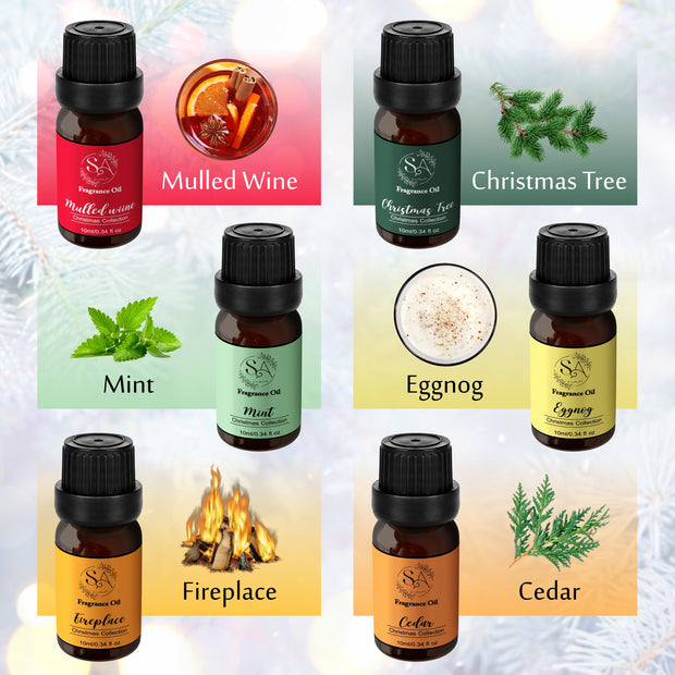 Set of 6 Christmas Fragrance Oils for Diffusers| Mulled Wine, Mint, Fireplace, Eggnog, Christmas Tree, Cedar