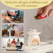 Collage of people using diffusers and essential oils with a white ceramic diffuser in the foreground.