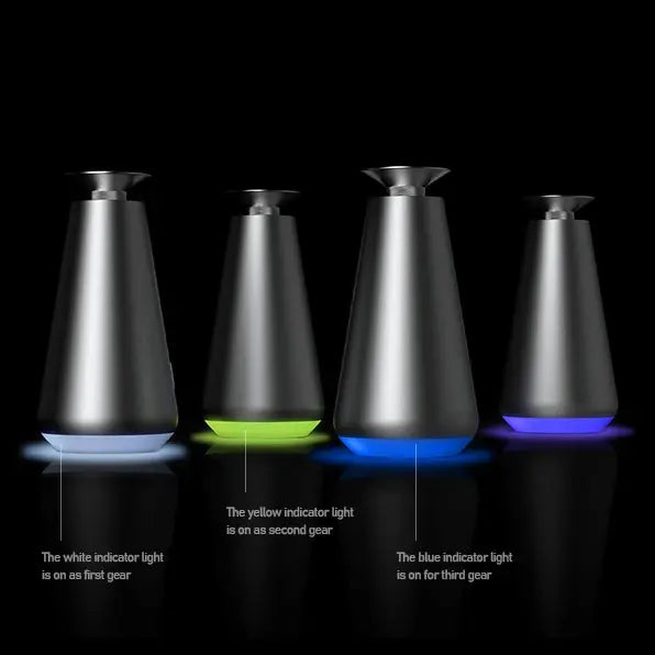 Four metallic cone-shaped devices with colored indicator lights on a black background