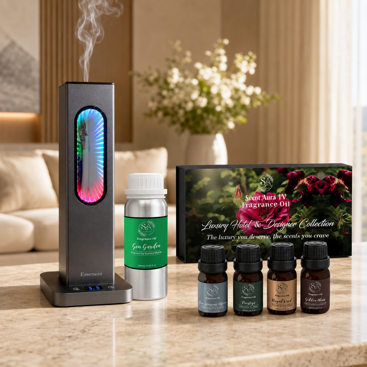 The Five-Star Starter Set – Essence Smart Diffuser + Free Hotel-Inspired Oil + 4-Scent Discovery Box