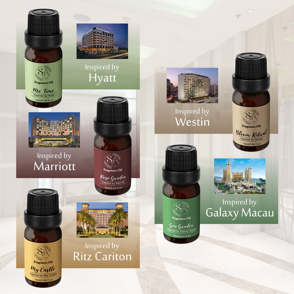 Scent Aura IV Fragrance Oils - 5 Hotel Secret Scents in One Collection Inspired by Marriott Ritz Carlton Park Hyatt Westin & Galaxy Macau for Diffusers